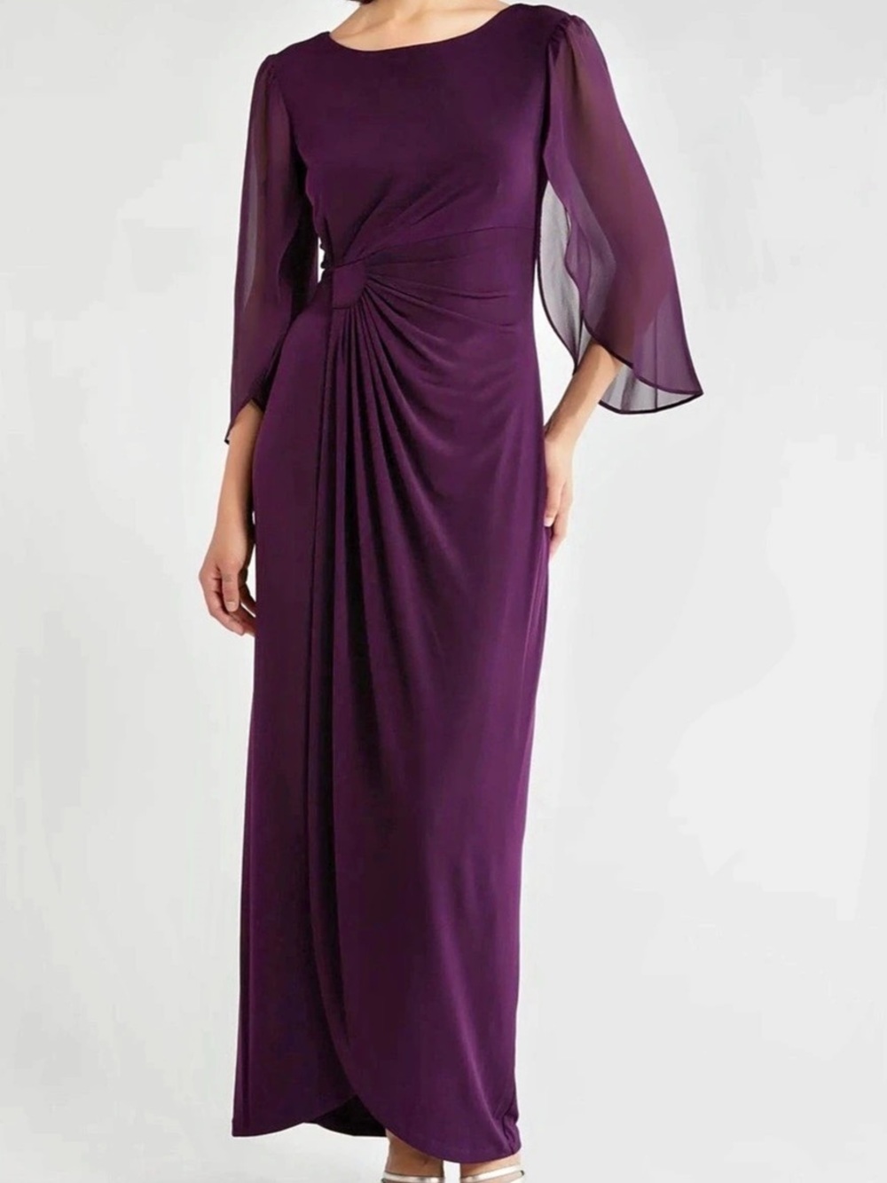 Connected Apparel Grecian Draped Caped Sleeve Maxi Dress in Eggplant Aubergine